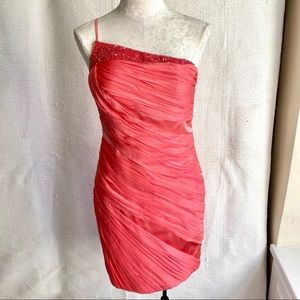 Theia 4/6 Silk Short Gathered Party Dress Coral